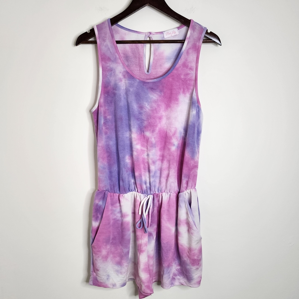 Pink Lily Womens Pink & Purple Tie Dye Tank Top Shorts Romper Size Medium